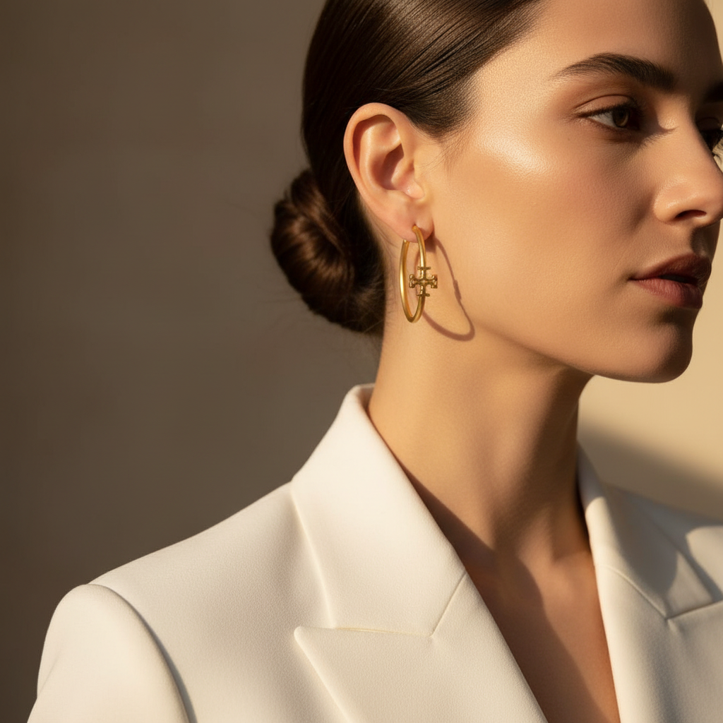 Tory Burch Matte Gold-Tone Medium Hoop Earrings lifestyle - worn editorial