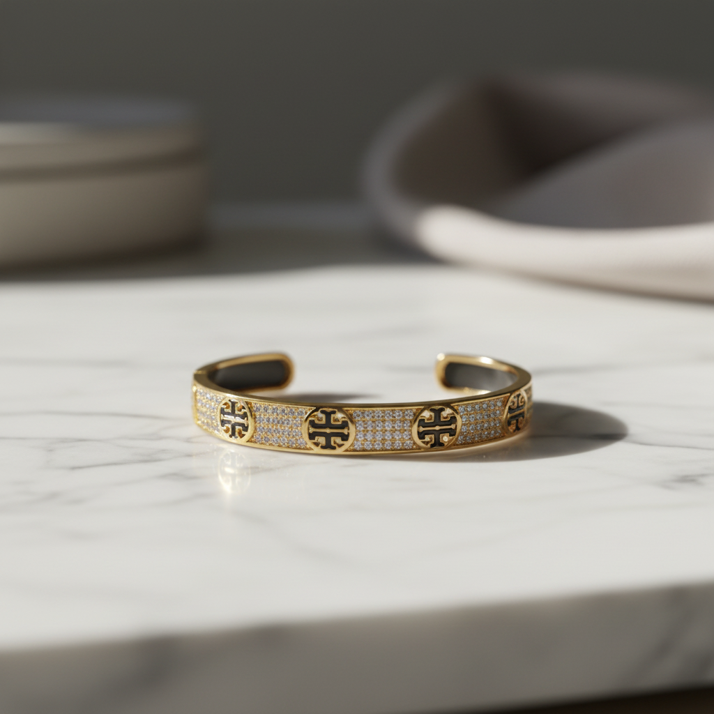 Tory Burch Icon Pavé Cuff Bracelet - marble lifestyle shot