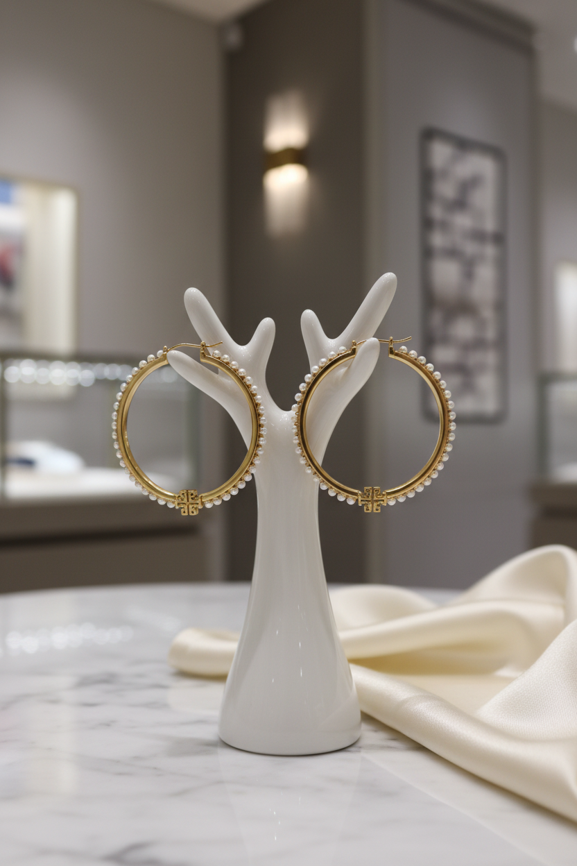 Tory Burch Logo Pearl Hoop Earrings Large – jewelry stand lifestyle