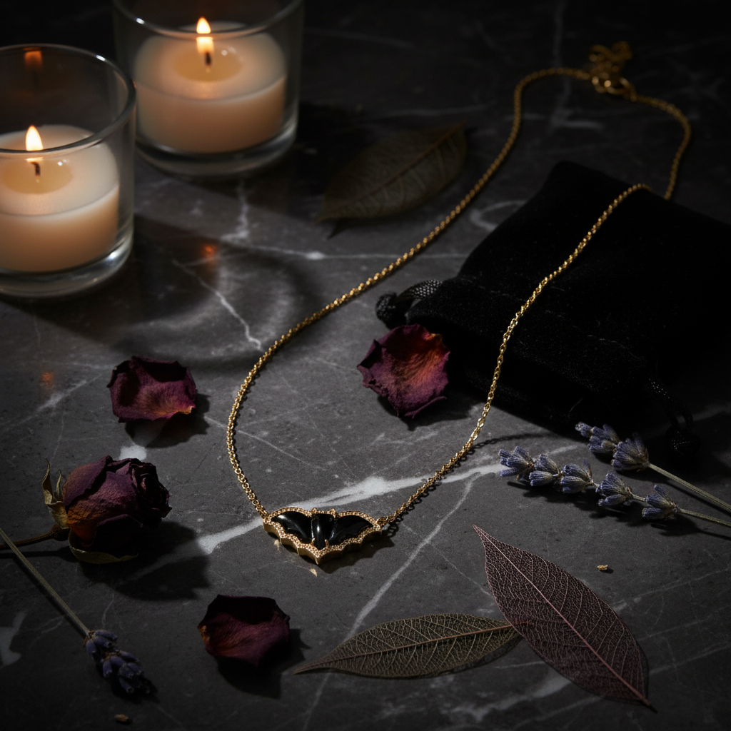 Kendra Scott Bat Gold Short Pendant Necklace 19" – dark marble flat lay