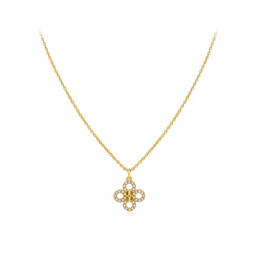 Tory Burch Kira Clover Pave Pendant Necklace on white background