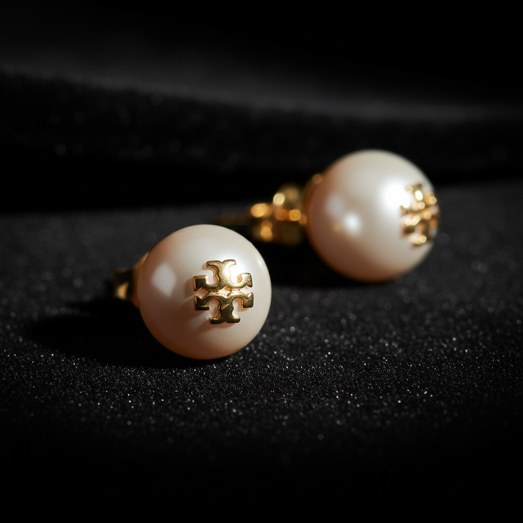 Tory Burch Kira White Pearl Stud Earrings moody close-up detail shot