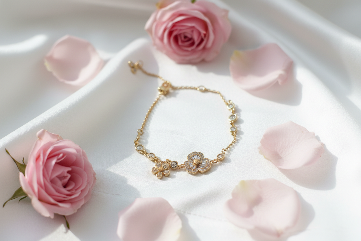 Kate Spade Heritage Bloom Bracelet - Flat lay on white satin with rose petals