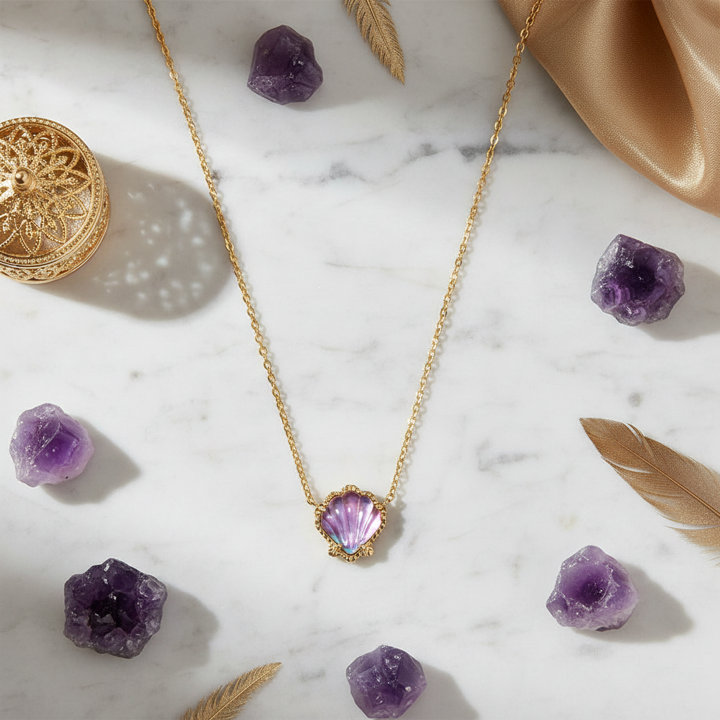 Kendra Scott Brynn Shell Gold Short Necklace in Purple Abalone Illusion - marble flat lay