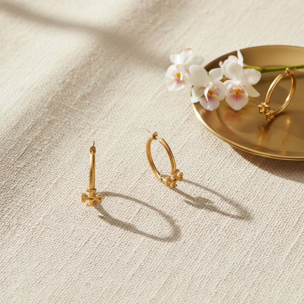 Tory Burch Matte Gold-Tone Medium Hoop Earrings lifestyle - cream linen flat lay