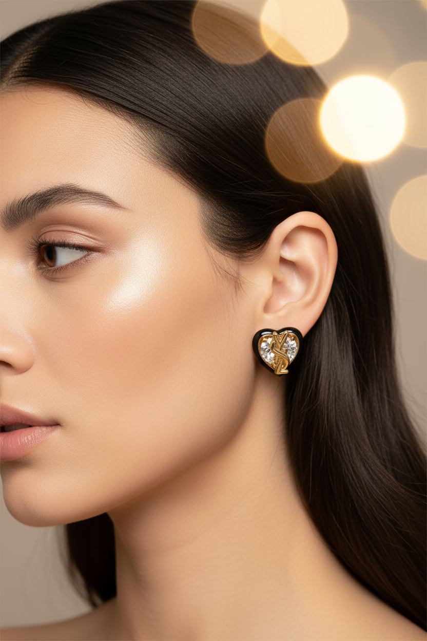 Yves Saint Laurent Logo Crystal Heart Earrings close-up on ear