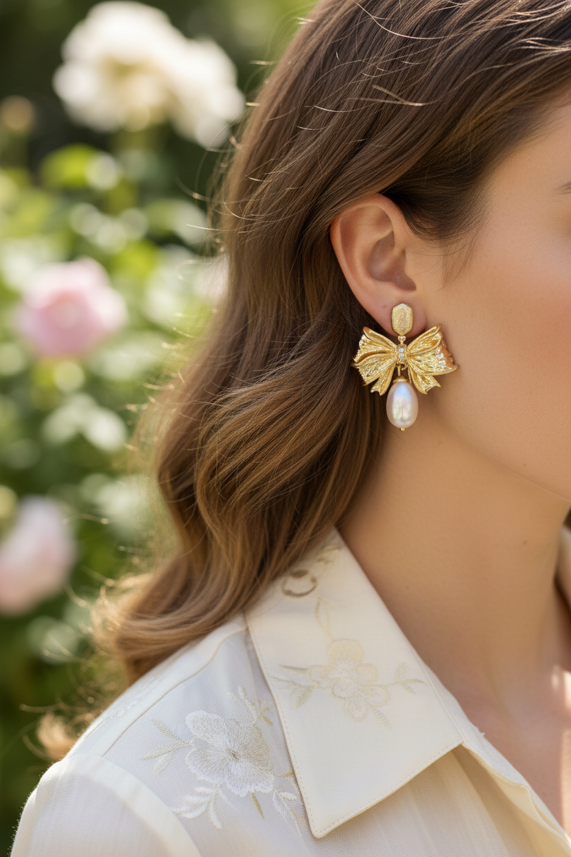 Kendra Scott x LoveShackFancy Pearl Bow Earrings worn lifestyle shot