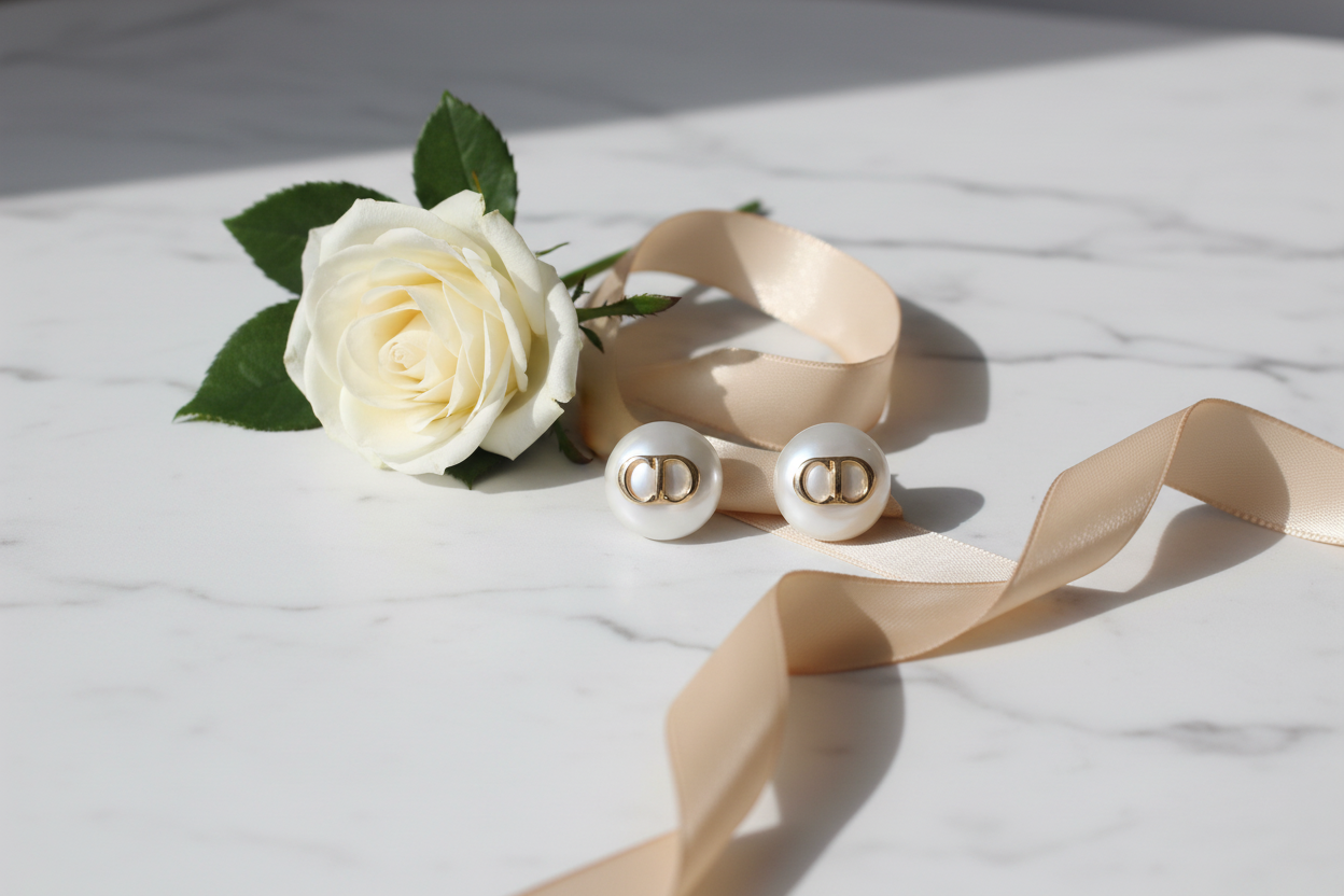 Christian Dior White Resin Pearl CD Logo Earrings marble flat lay with white rose