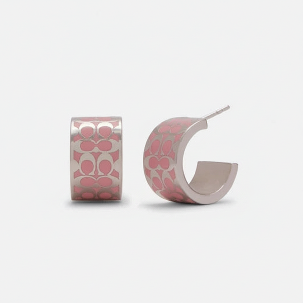 Coach Signature Enamel Huggie Earrings Pink Silver – clean product shot