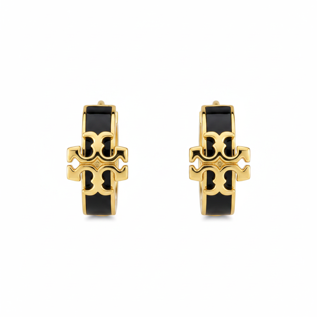 Tory Burch Icon Enamel Hoop Earrings in Black/Gold - clean white background product shot