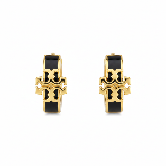 Tory Burch Icon Enamel Hoop Earrings in Black/Gold - clean white background product shot