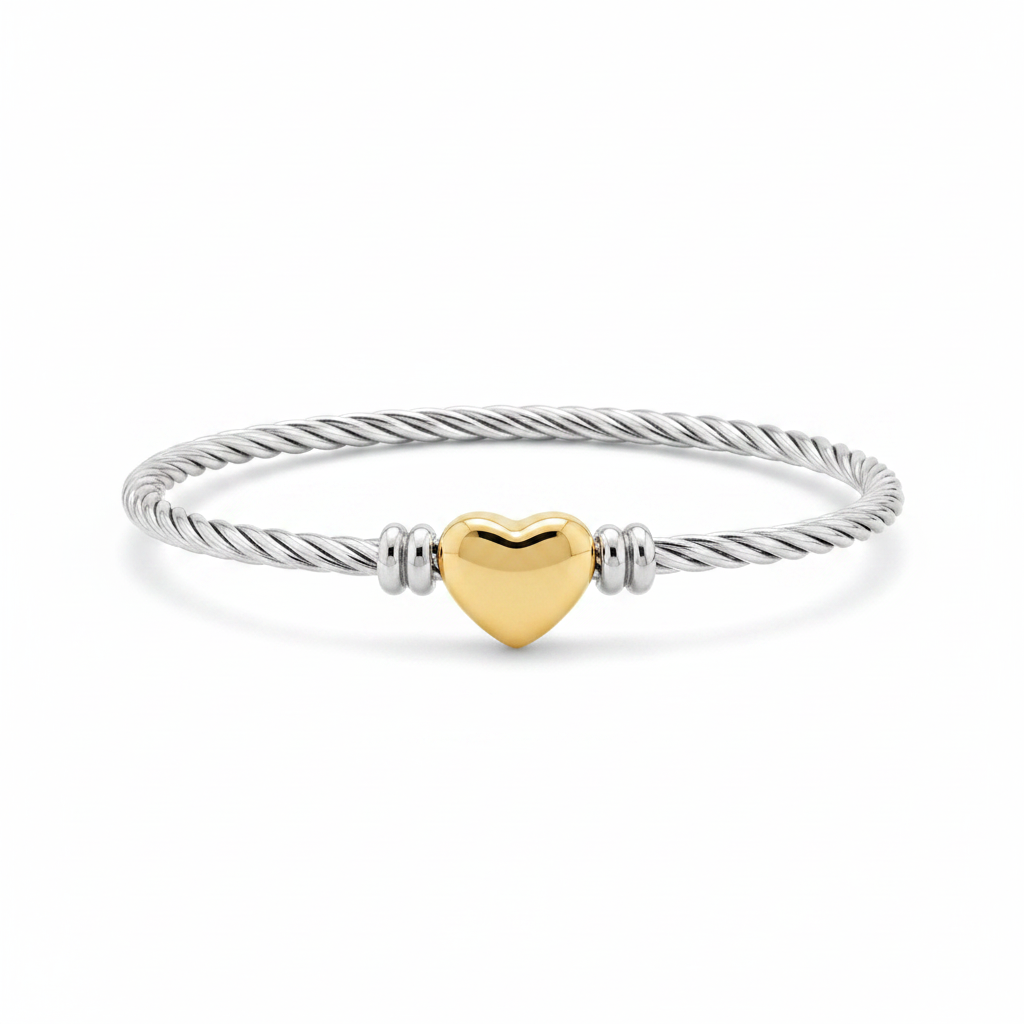 David Yurman Classic Cable Heart Station Bracelet - sterling silver with 18K yellow gold heart, white background
