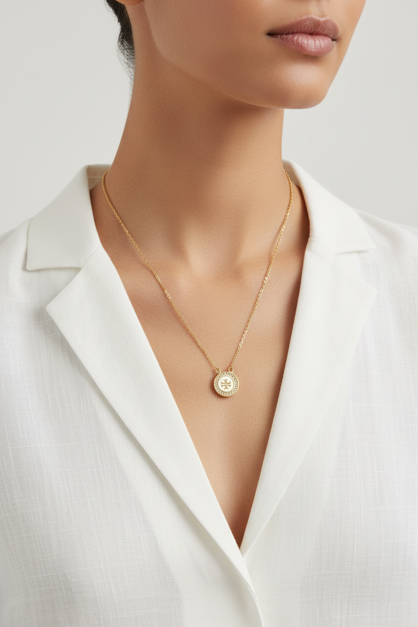 Tory Burch Icon Pavé Pendant Necklace - Worn on model's neckline