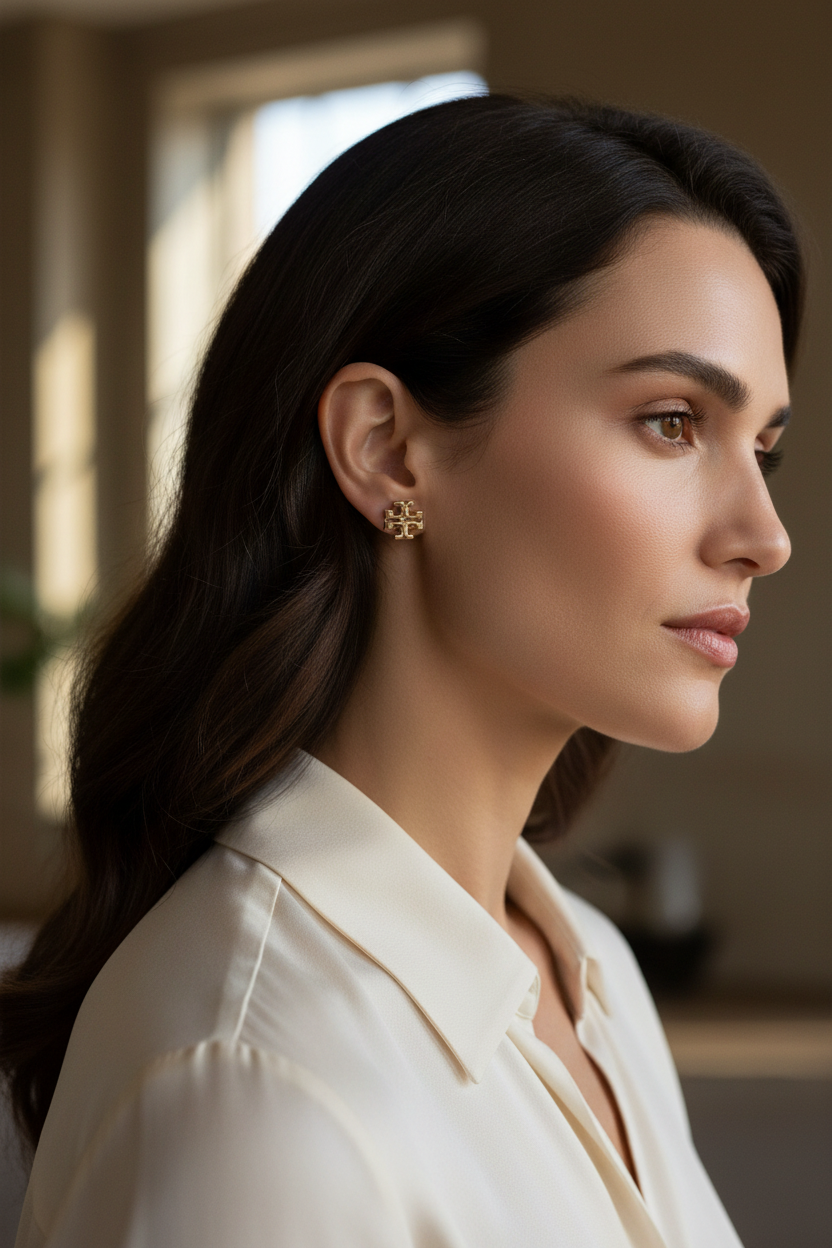 Tory Burch Two-Tone Logo Stud Earrings worn on ear