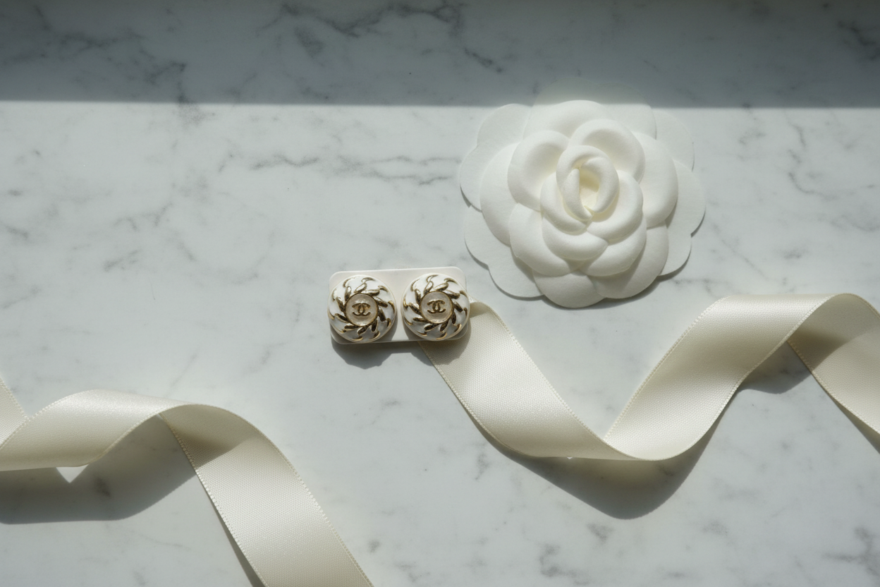 Chanel CC Logo Pearl White Resin and Gold Earrings marble flat lay with camellia