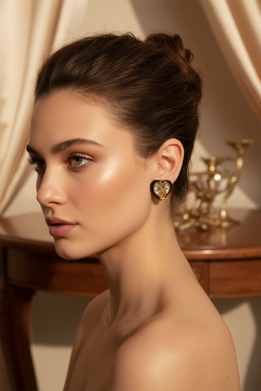 Yves Saint Laurent Logo Crystal Heart Earrings worn with elegant updo