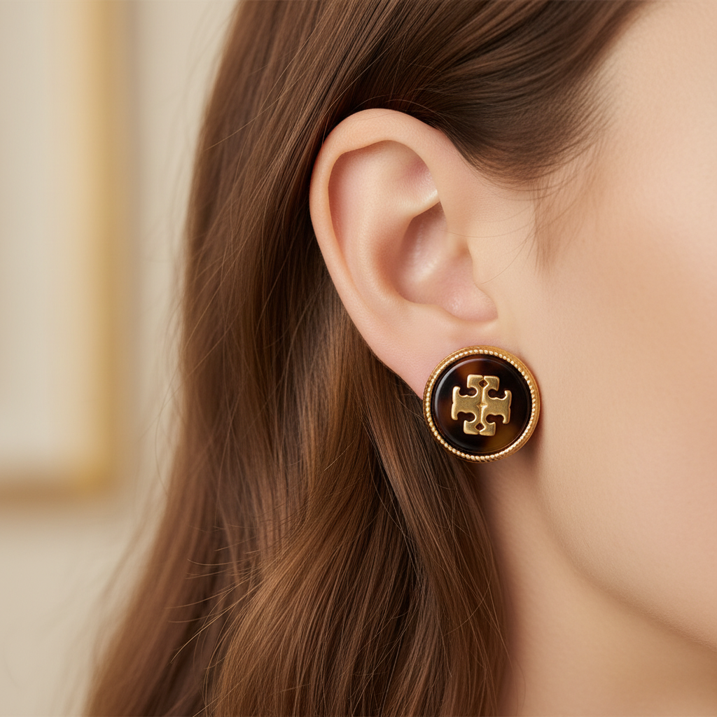 Tory Burch Kira Enamel Stud Earrings Tortoiseshell Gold worn on model