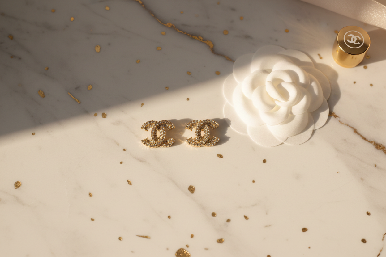 Chanel CC Logo Gold Crystal Stud Earrings marble flat lay with camellia