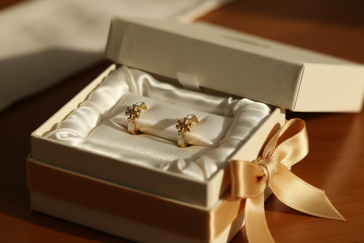 Tory Burch Icon White Enamel and Gold Huggie Earrings - white satin gift box