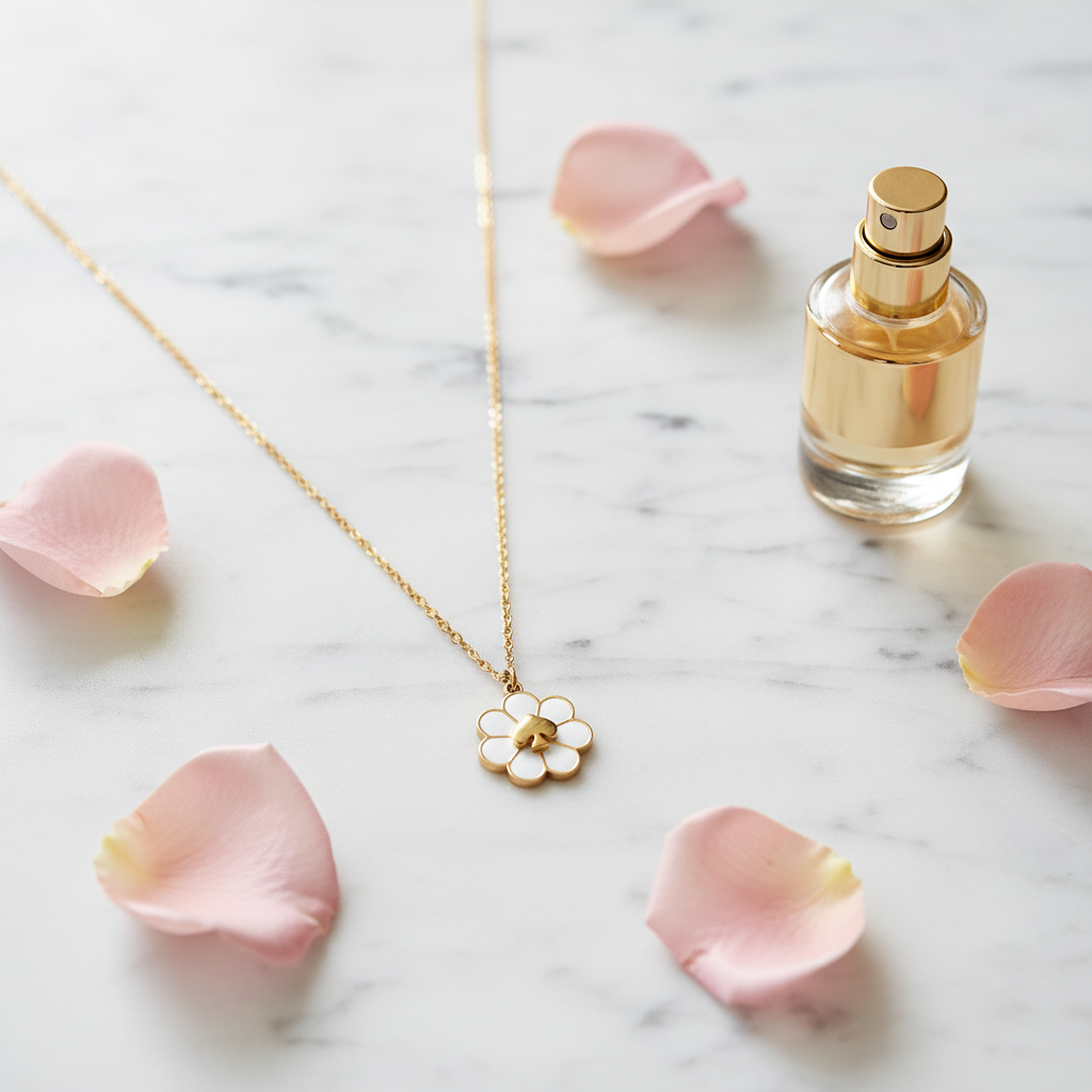 Kate Spade Day Tripper Mini Pendant Necklace lifestyle - marble surface with rose petals
