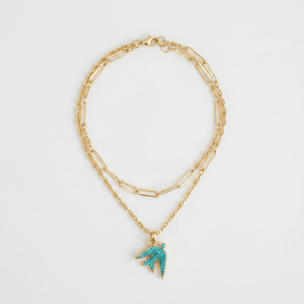 Layered Gold Necklace with Turquoise Bird Charm - Clean Shot