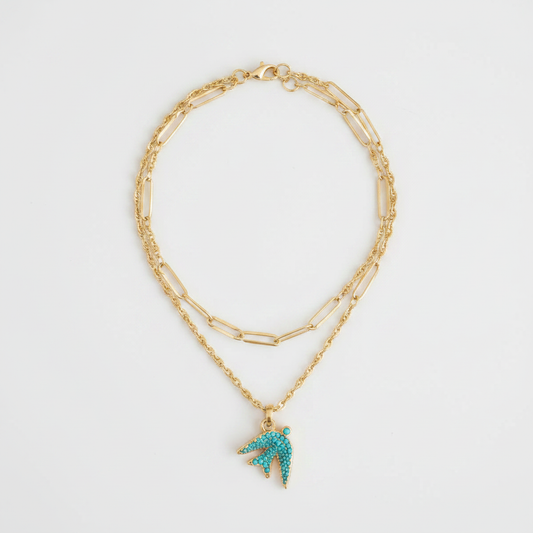 Layered Gold Necklace with Turquoise Bird Charm - Clean Shot