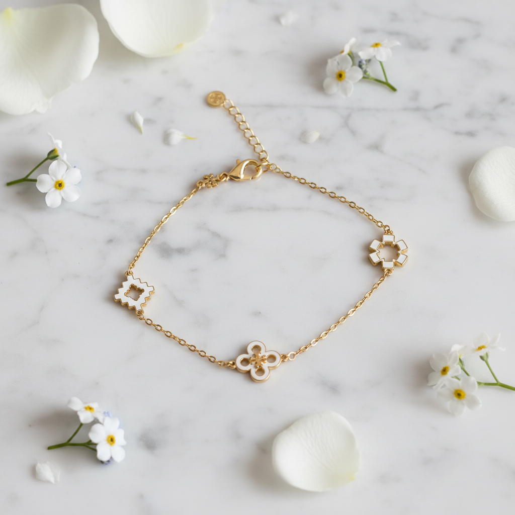 Tory Burch Forget-Me-Not Bracelet in Gold and White Motifs 6.25" + 2" Extender