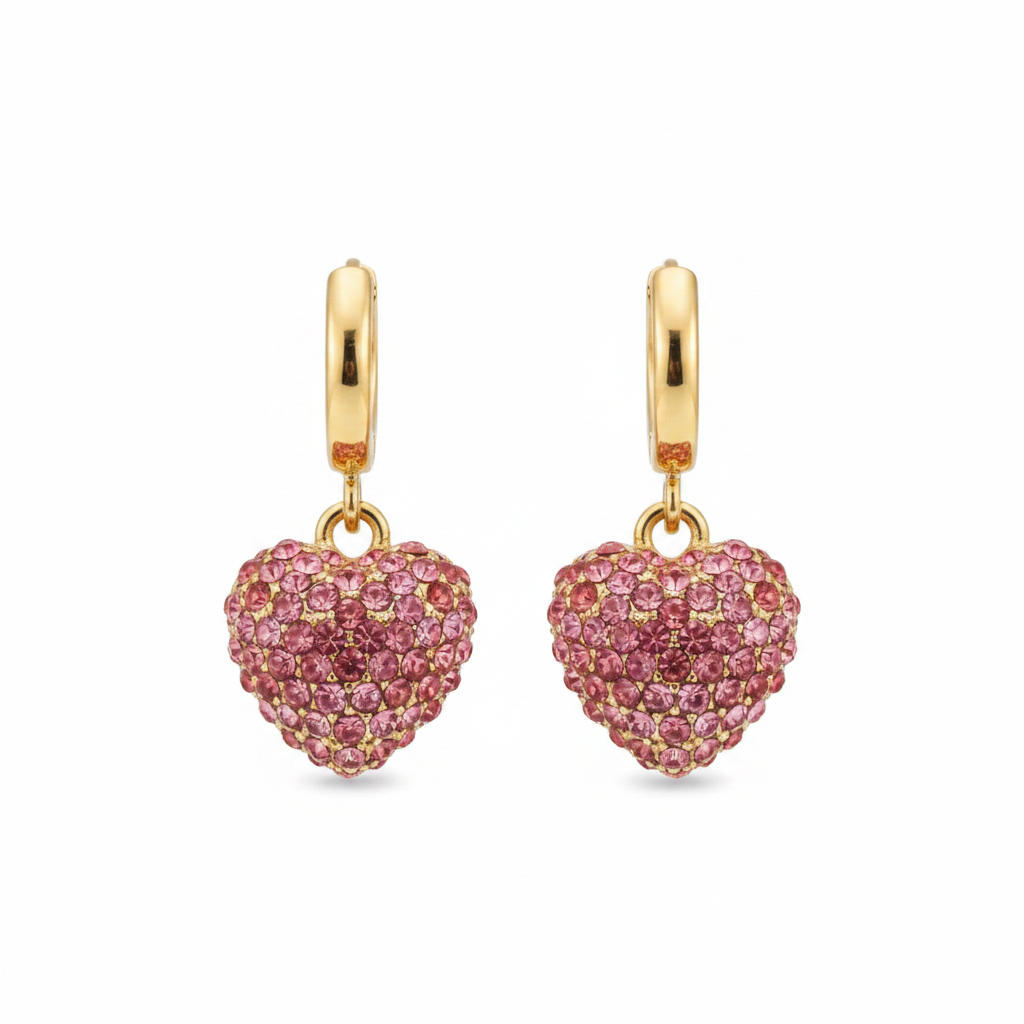 Pink Crystal Heart Drop Earrings - White Background