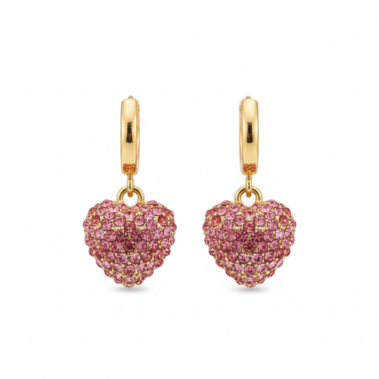 Pink Crystal Heart Drop Earrings - White Background