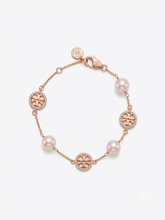 Tory Burch Miller Pavé and Cultured Pearl Bracelet in Rose Gold