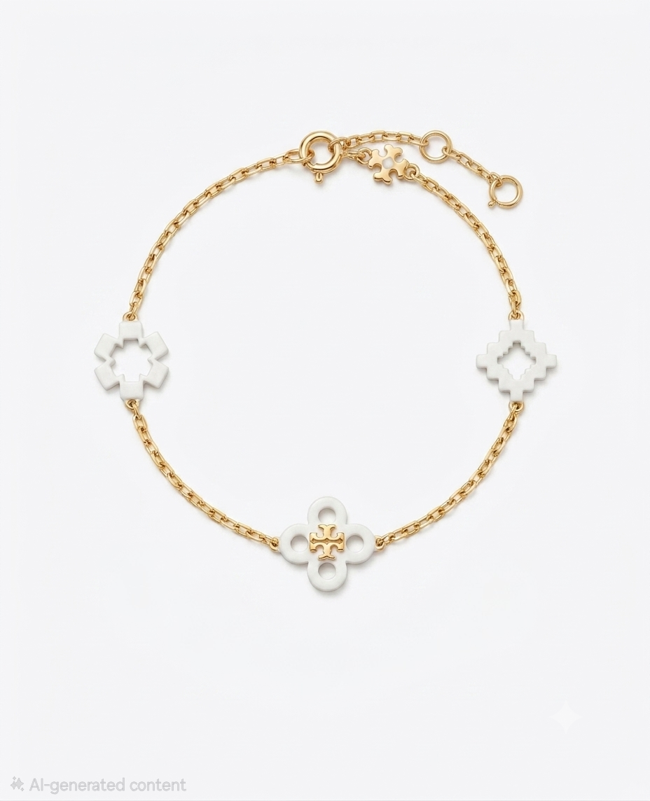 Tory Burch Forget-Me-Not Bracelet in Gold and White Motifs 6.25" + 2" Extender