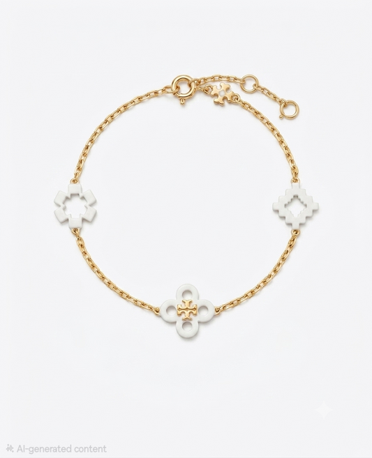 Tory Burch Forget-Me-Not Bracelet in Gold and White Motifs 6.25" + 2" Extender
