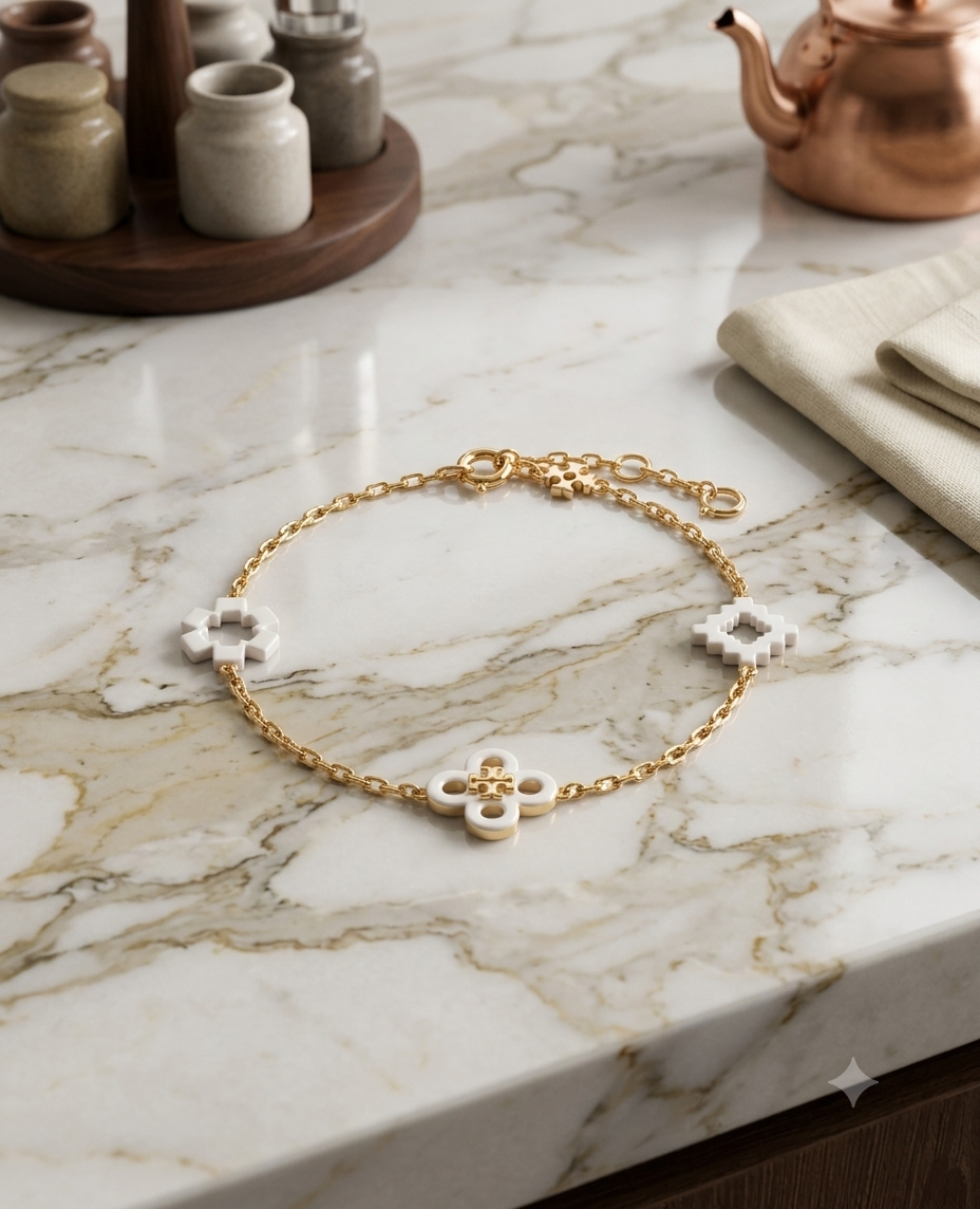 Tory Burch Forget-Me-Not Bracelet in Gold and White Motifs 6.25" + 2" Extender