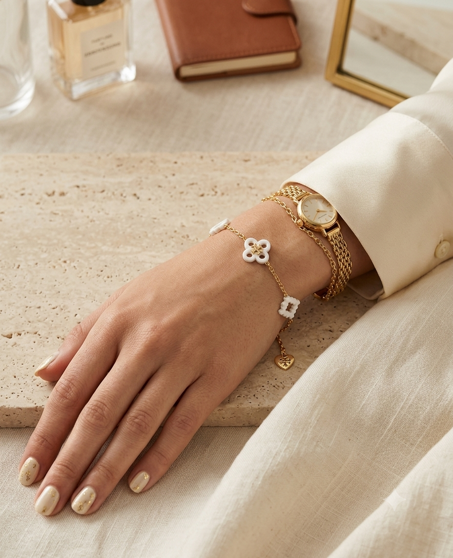 Tory Burch Forget-Me-Not Bracelet in Gold and White Motifs 6.25" + 2" Extender