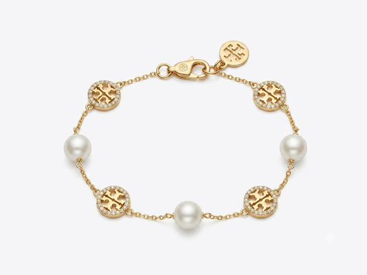 Tory Burch Miller Pavé Crystal Logo and Pearl Bracelet 6-7"