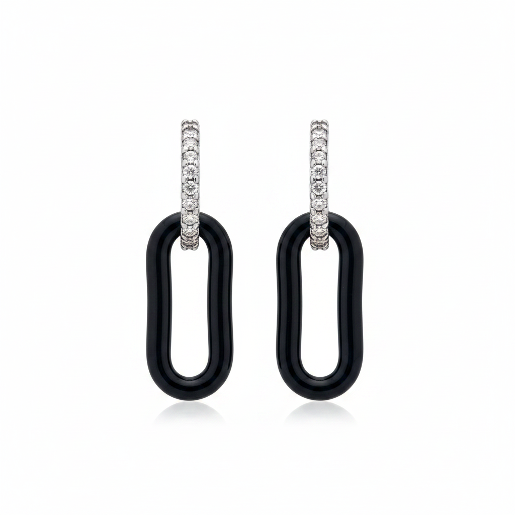 Silver Pavé Huggie & Black Oval Link Drop Earrings - Clean Shot