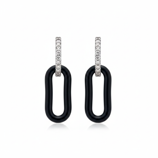 Silver Pavé Huggie & Black Oval Link Drop Earrings - Clean Shot