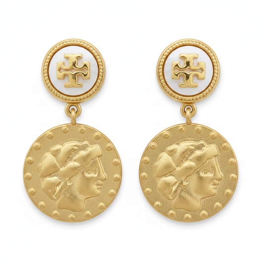 Tory Burch Gold Coin Drop Earrings - Clean White Background