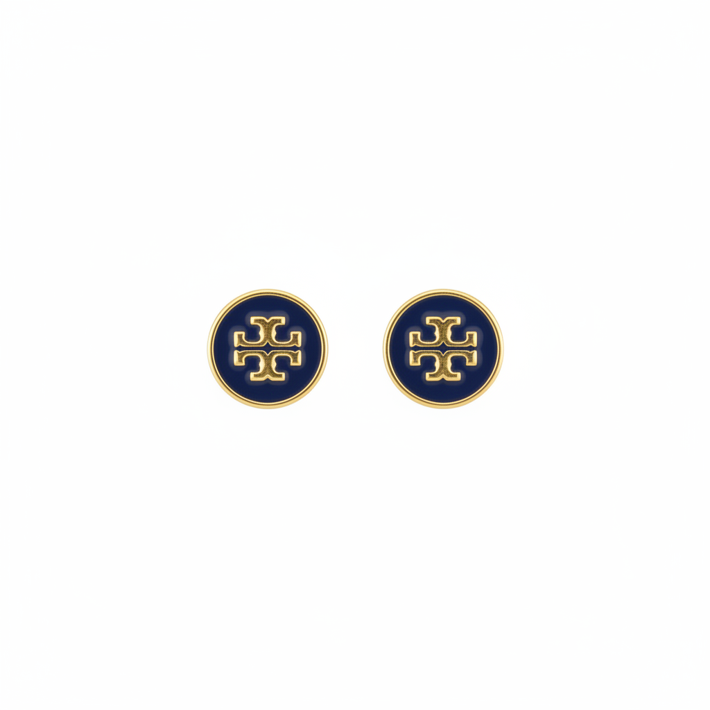 Tory Burch Navy Enamel Stud Earrings - Thin Gold Rim