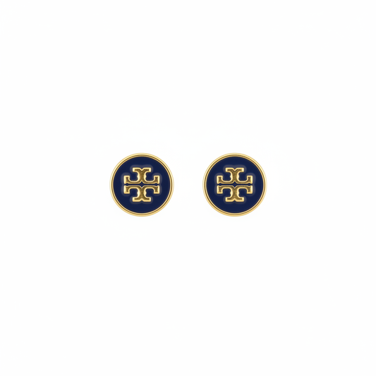 Tory Burch Navy Enamel Stud Earrings - Thin Gold Rim
