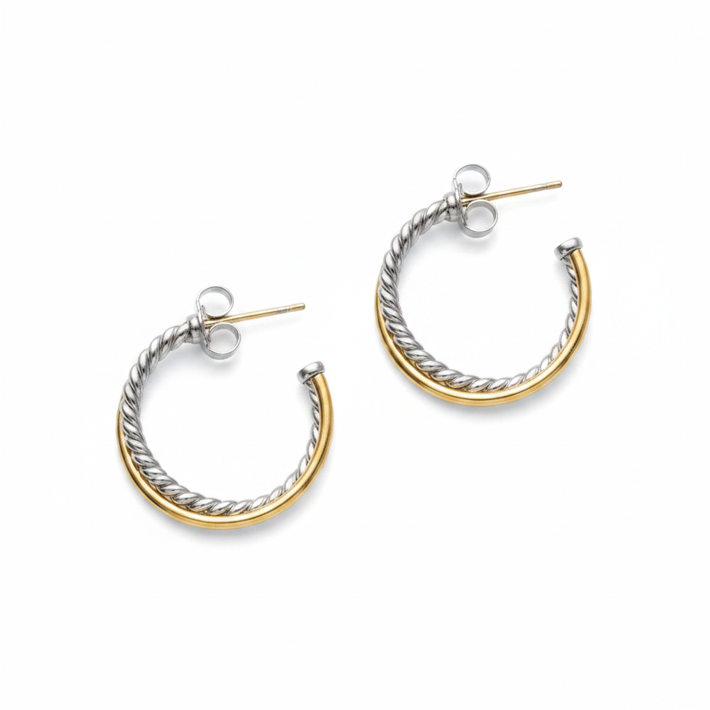 Two-Tone Twisted Hoop Earrings - Angled View
